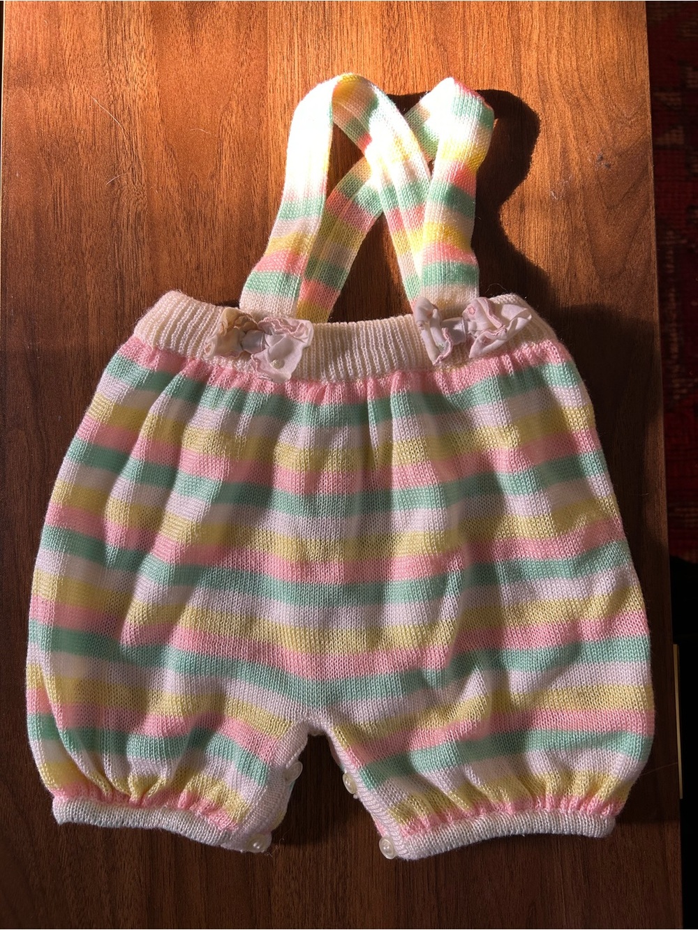 Vintage Pastel Striped Knit Overalls - Pink, Yellow, Green, Cream
